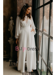 2022 Stylish Chiffon Wedding Jumpsuits with Cape Sleeves , Wide Bridal Pantsuits WBJ120