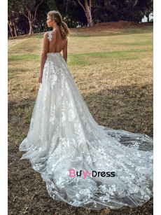 2023 bridal thin lace strap princess a line wedding dresses chapel train,  deep v-neck bride dresses bds-0007