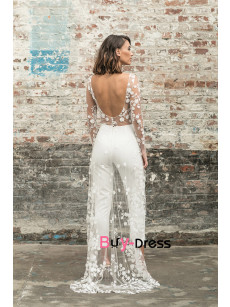 2023 Dressy Brush Train Wedding Jumpsutis Dresses , lovely Lace Bridal Jumpsutis Dresses bjp-0017-1