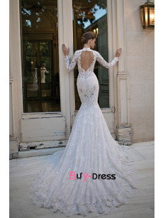 Elegant lace mermaid bride dresses with chapel train, long sleeves v-neckline bridal dresses bds-0005
