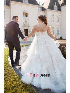 2023 Plus Size A-line Multilayer Wedding Dresses, Glamorous  V-neck  Bride Dresses Sweep Train bds-0043
