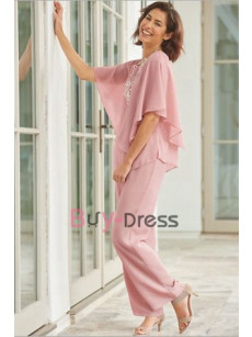 2PC Comfortable Chiffon Mother of the Bride Pant Suits Dresses Pink Outfit TS081-2
