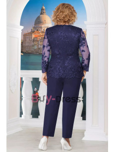 2 Piece Plus size Mother of the Bride Pantsuit Lace Top and Chiffon Pants Navy TS035