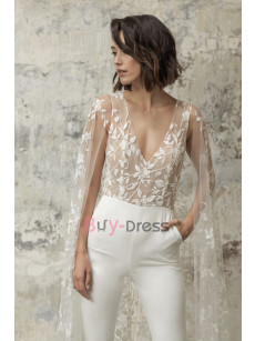 Beautiful Deep V-Neck Bridal Jumpsuits With Lace Cape for Lawn Wedding WBJ064