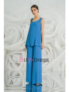 2022 New Style Beaded Chiffon Overlay Mother of the Bride PantSuit Evening Dresses Wide Leg Pants Set Ocean Blue TS049