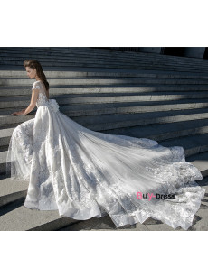 2023 Elegant Deep V-Neck Bride Dresses, Chapel train Cap Sleeves Sheath Wedding Dresses bds-0002