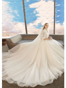 2022 Elegant Brush Train Wedding Dresses Church V-Neck bridal Dresses with Sleeves GW-004