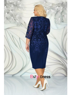 Modern Dark Navy Lace Half Sleeves Mid-Calf Plus Size Mother Of the Bride Dresses MD0019-2