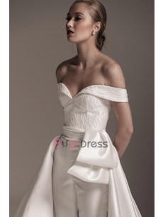 Elegant Hand Beading Satin Wedding Jumpsuit Dresses With Detachable Train WBJ095