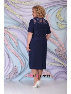 Elegant Two Piece Sets Mid-Calf Plus Size Dark Navy Mother Of the Bride Dresses With Coat MD0021-2