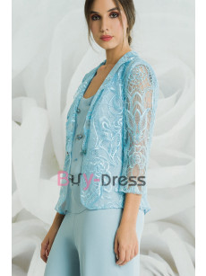 2022 Elegant Mother of the Bride Pant Suits with Lace Jacket Sky Blue Three Pieces Wide Leg Trousers Beaded Outfits TS046