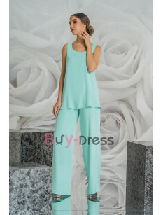 2022 Mother of the Bride Pant Suits with Lace Cape Elegant Chiffon wide Leg Trousers Outfits TS047