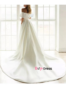 2023 Elegant Off The Shoulder Satin Crepe Wedding Dresses With Detachable Train, Simple Classic Bridal Gowns bjp-0030