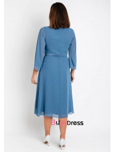 Ocean Blue Flowy Sleeve Mother Of The Bride Dresses, Hand Beading Mid-Calf Hand Beading Lace Women's Dresses MD0035-3