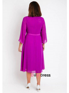 Fuchsia Flowy Sleeve Mother Of The Bride Dresses, Hand Beading Mid-Calf Women's Dresses MD0035-1