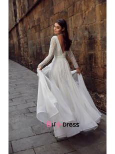 2023 Glamorous Long Sleeves Bridal Jumpsuits, Elegant V-neck Wedding Jumpsuits Disassemble Brush Train bjp-0063