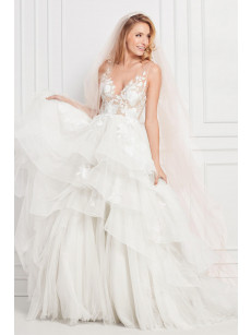 Custom Plus Size Ivory Blush Tiered Skirt Wedding Dress V-Neck Bridal Ball Gown PWD2215