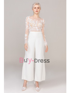 Backless Lace Bodice BOHO Wedding Pant Suits for Bridal , Proposal Dressy , Lovely Little White Dresses WBJ136