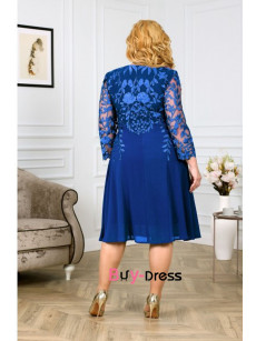 Modern Royal Blue lace Chiffon Long Sleeves Mid-Calf Plus Size Mother of the Groom Dresses MD0014-2