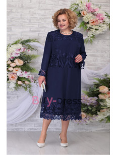 2022 New Arrival Royal Blue Elegant Mother of the Bride Dress With Lace Jacket 2PC Tea-Length Outfit MD2255-02