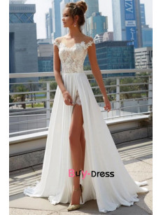 Off Shoulder Lace Beach wedding Jumpsuits Suits, Sexy Side Slit A-line Bridal Dresses bjp-0066