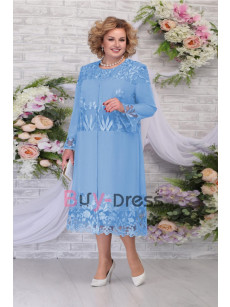 New Arrival Plus Size Elegant Mother of the Bride Dress With Jacket Two Piece Tea-Length Outfit Dark Navy MD2255-03