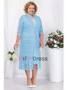 Plus size Tea-Length Mother of the Bride Dress with Lace Jacket Women's Pink Outfit MD2265