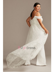 Plus Size Off the Shoulder Lace Overskirt Wedding Jumpsuit Bridal Dresses WBJ077-02