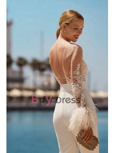 Romance Beaded Lace Bodice Wedding Jumpsuits Dresses for Bridal Feathers Cuff to Sleeves WBJ132