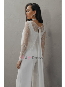 Simple Lace Overlay Bridal Jumpsuits 2 Piece Wedding Pantsuit WBJ075