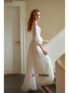 Sleeves Minimalist Wedding Dress, Off the Shoulder Wedding Dress, Organza Boho Wedding Gown, Civil Wedding Dresses, Modest Gown bjp-0009