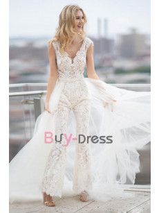 Stunning Lace Wedding Jumpsuits With Tulle Overskirt , Beaded Waist Bridal Dresses WBJ122