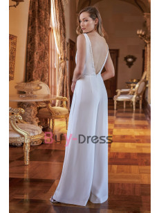 Stylish Wedding Jumpsuits with Long Cape Jacket , Wide Pantsuits for Bridal WBJ124
