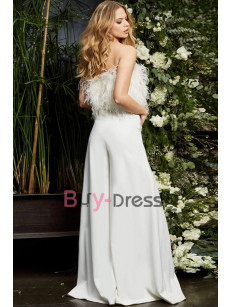 White Feathers Strapless Wedding Jumpsuits Dresses , Sposa Tuta Pantalone WBJ127