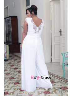 White wide leg bride jumpsuits, cap sleeves wedding jumpsuits for beach wedding bds-0016