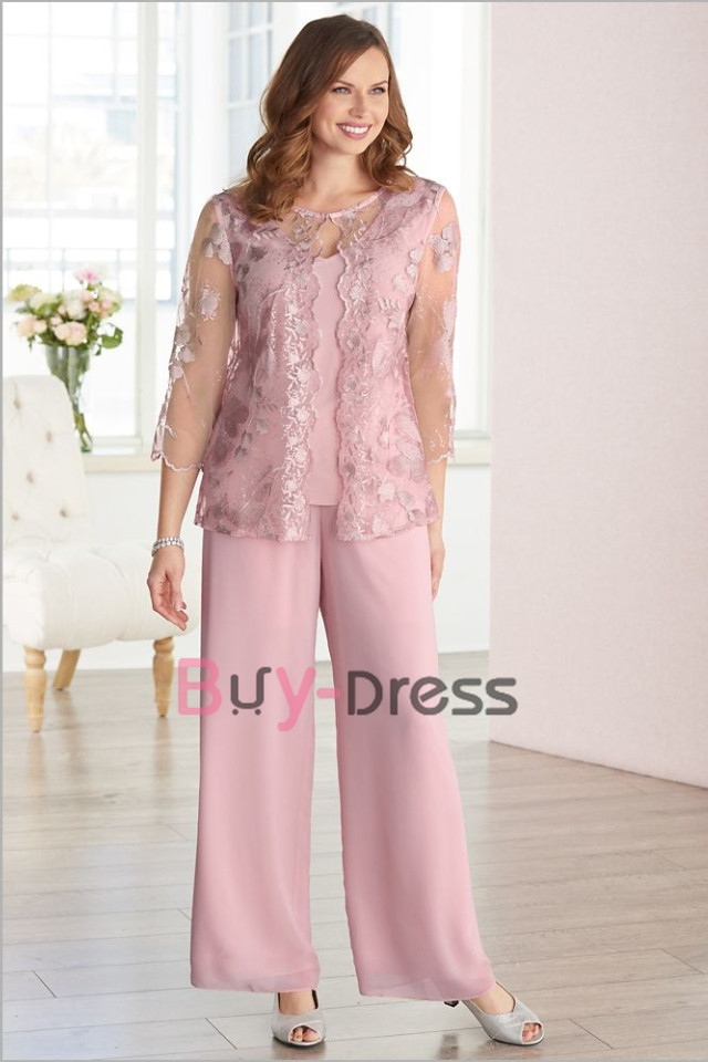 Pink Mother of the Bride Pant suits Dresses Three Piece Outfits Custom ...
