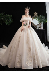 2022 Elegant Brush Train Wedding Dresses Church Bateau Bride Dresses GW-003