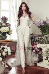2022 Best Chic Sweetheart Wedding Jumpsuits with Tull Overskirt Train for Bridal WBJ133
