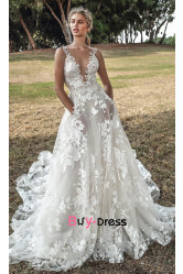 2023 bridal thin lace strap princess a line wedding dresses chapel train,  deep v-neck bride dresses bds-0007