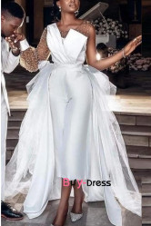 2023 Elegant Wedding Jumpsuit with Detachable Sheer Train, Fashion Bridal Jumpsuits bjp-0012