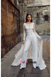 2023 Lace Long Sleeves Bridal Jumpsuits, Glamorous Beach Wedding Jumpsuits With Brush Train bjp-0062