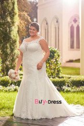 2023 Plus Size Scoop Lace Wedding Dresses, Outdoor Sweep Train Bride Dresses bds-0048