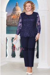 2 Piece Plus size Mother of the Bride Pantsuit Lace Top and Chiffon Pants Navy TS035