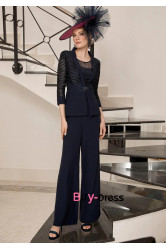 2pc Elegant Dark Navy Mother Of The Bride Outfits, Draped-Pleated-Bodice Women Pant Suits MD0044