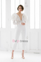 Bridal Jumpsuit with Edgy Big Puffy Shoulders Backless Little White Dresses WBJ053
