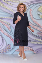 Classic Dark Navy Plus Size Tea-Length Mother Of The Bride & Groom Dresses with Lace MD2254