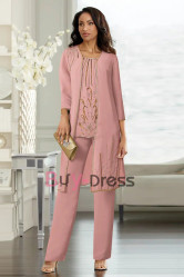Dusty Pink Hand Beading Chiffon Mother of the Bride Pant Set Dressy TS013