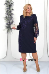 Elegant Dark Navy Lace Long Sleeves Mid-Calf Plus Size Mother Of the Bride Dresses MD0018