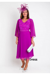 Fuchsia Flowy Sleeve Mother Of The Bride Dresses, Hand Beading Mid-Calf Women's Dresses MD0035-1