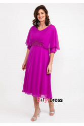 Fuchsia Half Sleeves Mother Of The Bride Dresses, Mid-Calf Hand Beading Women's Dresses MD0032-1